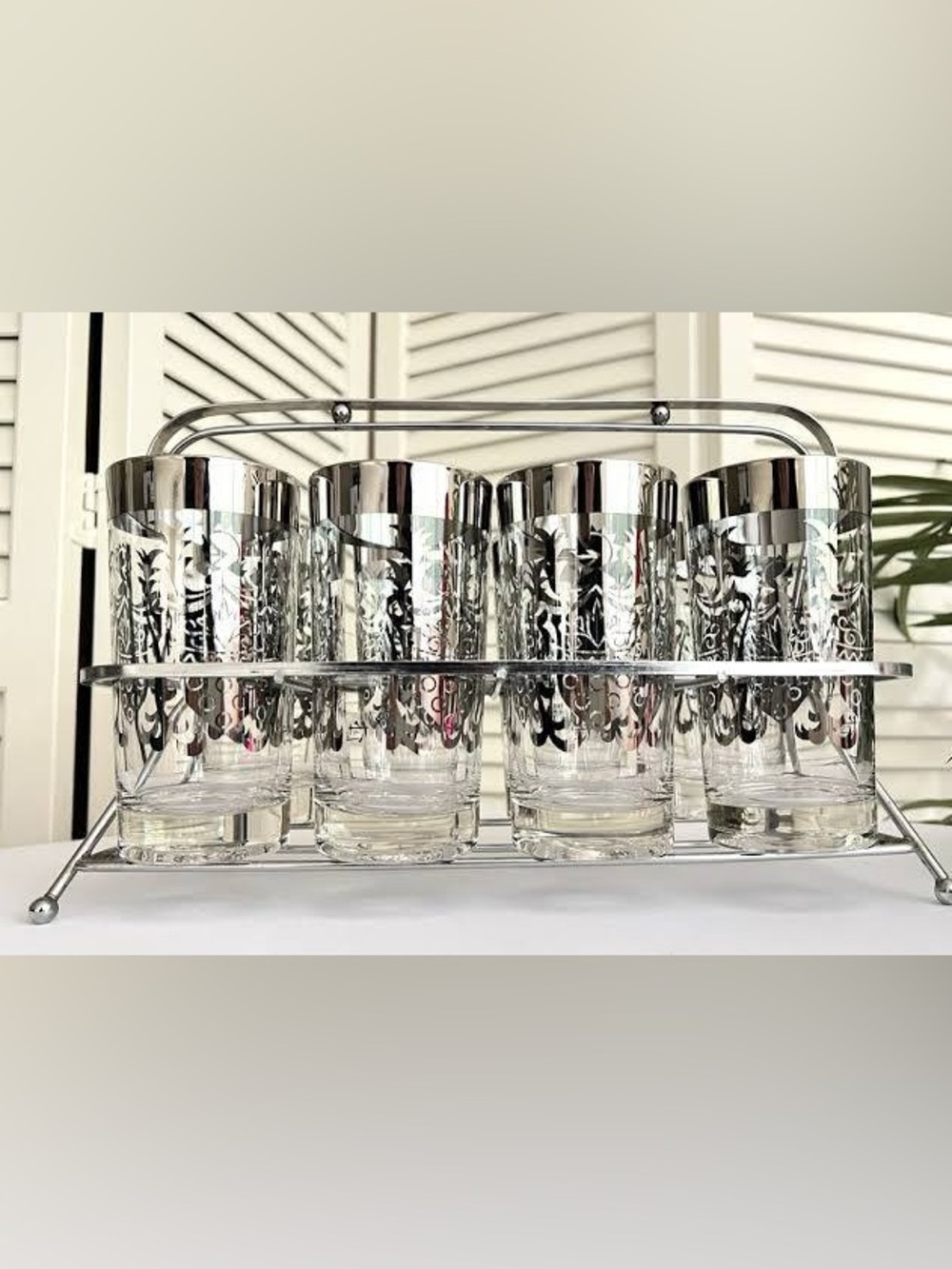 Mint Condition Kimiko highball silver set 8 Glasses and chrome caddy tray